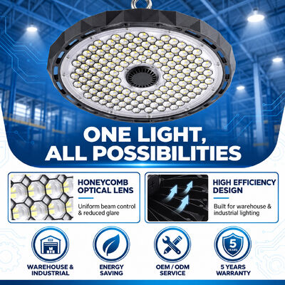 OEM ODM 200W UFO LED High Bay Light IP65 Honeycomb Lens Industrial Luminaire